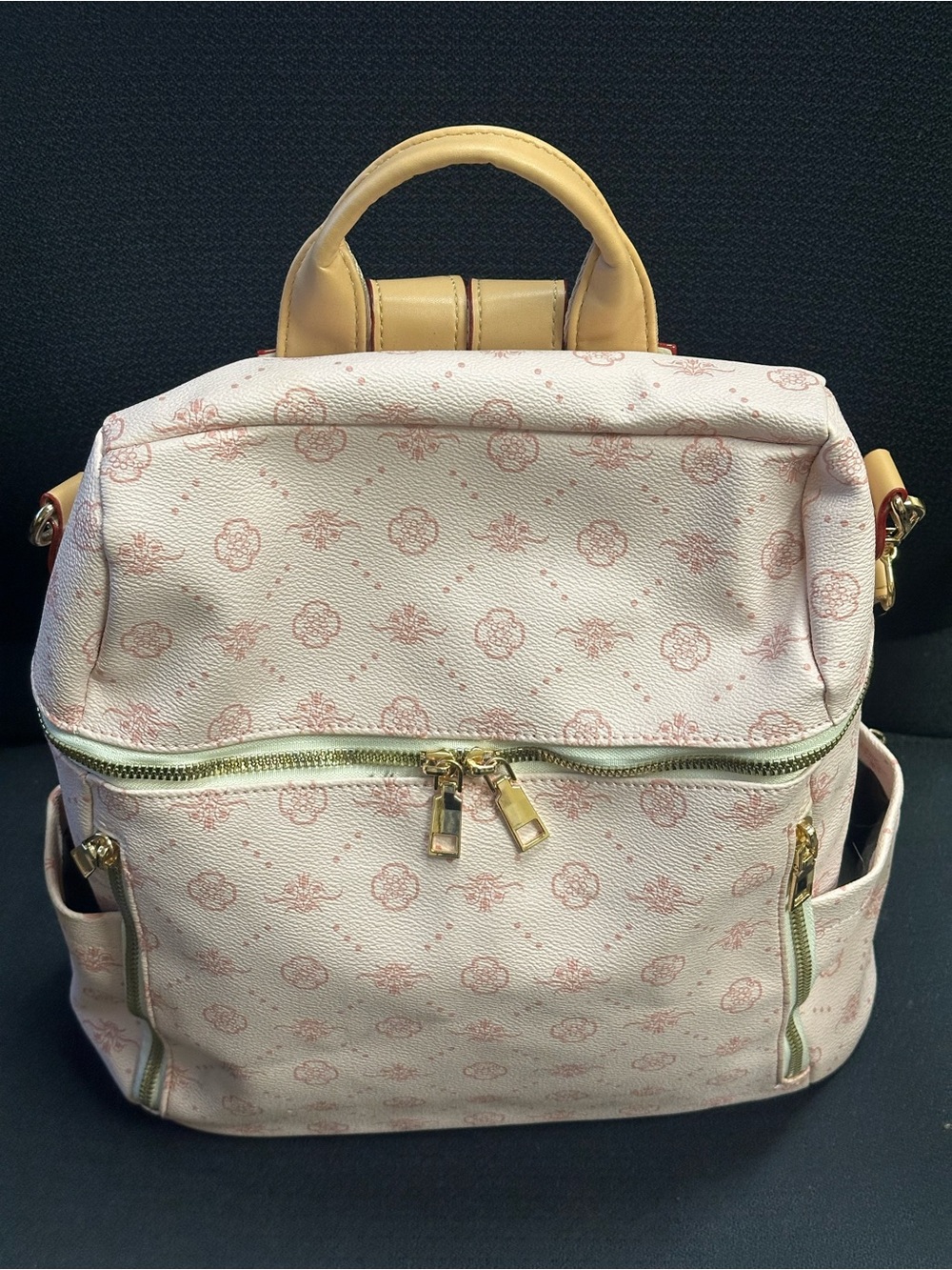 Structured Pink Patterned Backpack with Tan Handles
